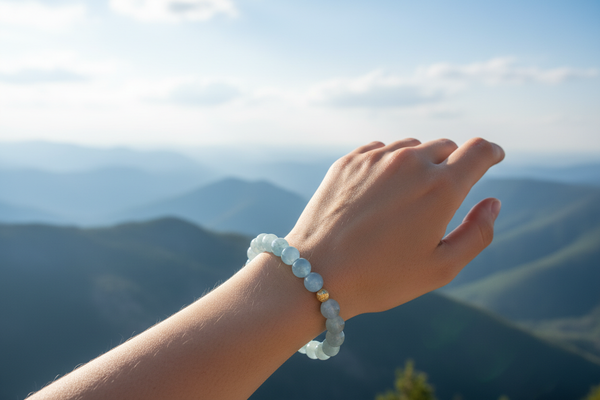 Aquamarine bracelet on model with mountain background
